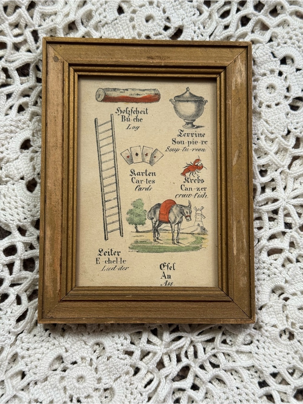Vintage Multilingual German French English Framed Vocabulary Print Folk Art